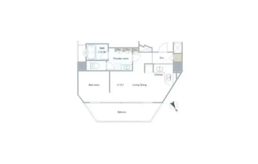 - 間取り図、1LDKの物件、ベッドルーム、リビングダイニング、バスルーム、パウダールーム、バルコニーを含む図面