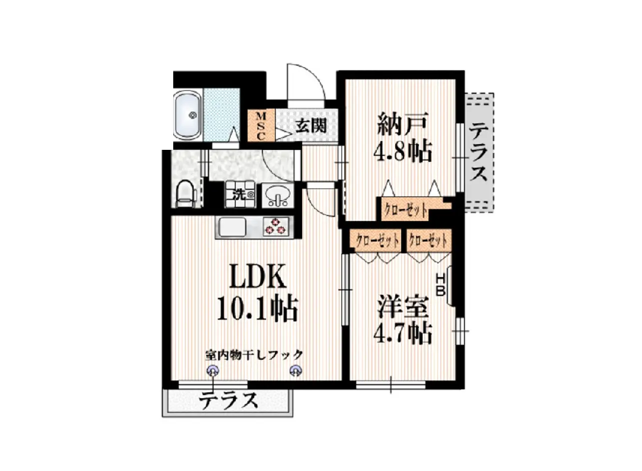 - 間取り図、LDK（10.1帖）、洋室（4.7帖）、納戸（4.8帖）、テラス、収納スペースを含む住宅レイアウト