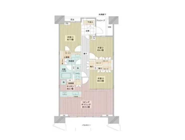 - 4LDKの間取り図、リビングダイニング、各部屋の配置、洗面所とトイレの位置を示した住宅設計の図面