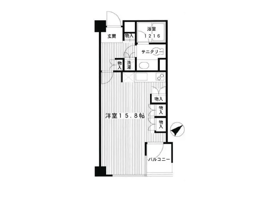 - 15.8帖の洋室とバルコニー、洗面所や浴室を含むシンプルな間取りの住宅図面