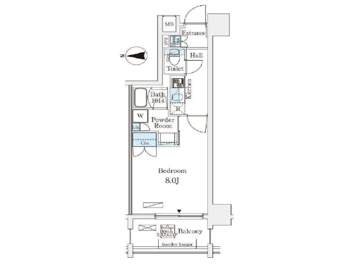 - シンプルな間取り図、8帖の寝室、バルコニーと各部屋の配置が示された図面
