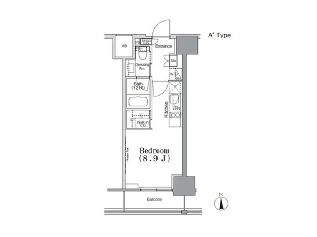 - 一人暮らし向けの間取り図、寝室(8.9畳)、キッチン、バスルーム、バルコニーを含む効率的なレイアウト