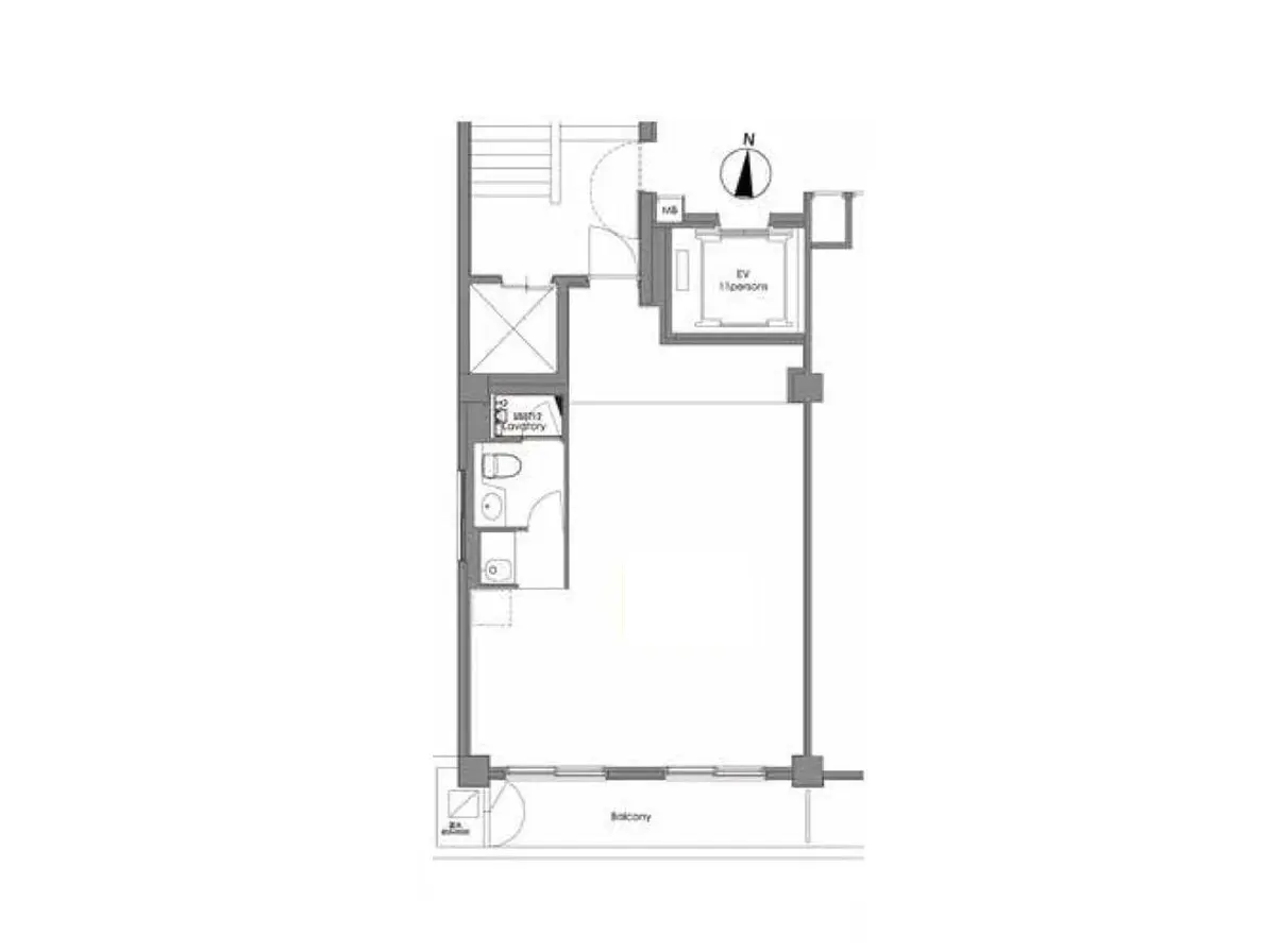 - 室内の間取り図、バルコニー付きの広々としたリビングエリア、洗面所とトイレの配置が示されている図面