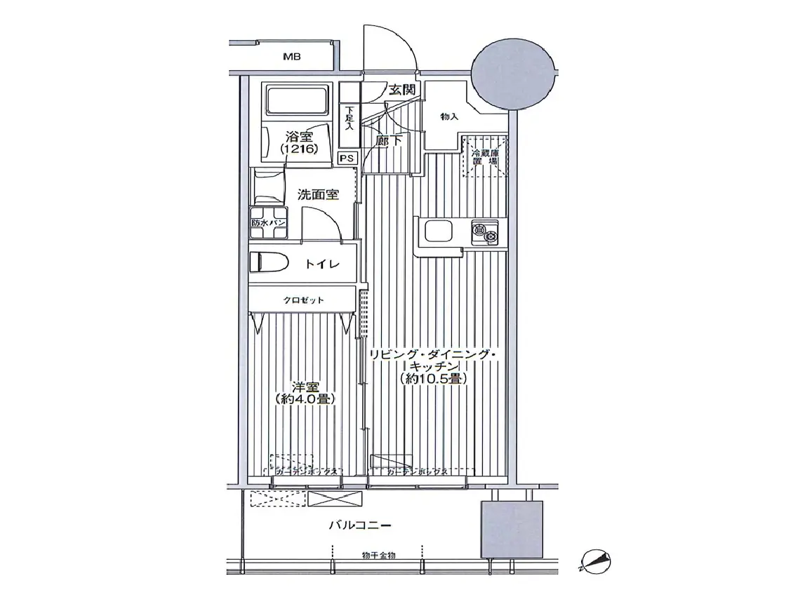 - 2LDKの間取り図、洋室、リビング・ダイニング・キッチン、バルコニー、トイレ、洗面室を含む設計 diagram