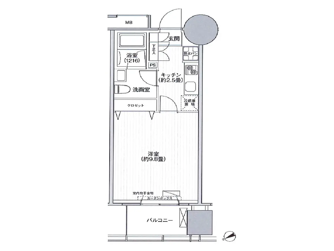 - 洋室約9.8畳、キッチン2.5畳、洗面室、浴室を備えた間取り図、バルコニー付きの賃貸物件プラン