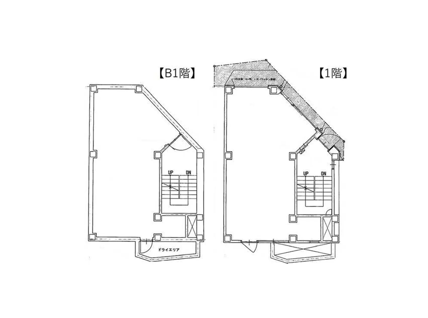 - B1階と1階の間取り図、階段の位置と部屋の配置が示された詳細なレイアウト