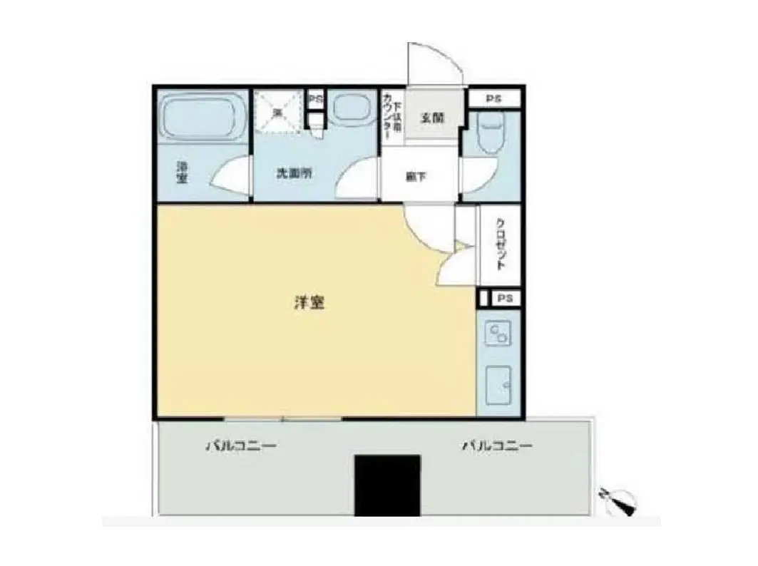 - 洗面所やバルコニーが付属した洋室の間取り図、広い室内空間を示す設計図