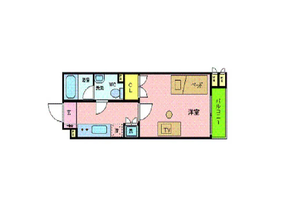 - 間取り図、リビング、洋室、バルコニー、洗面所とトイレを含む部屋の配置を示すイラスト