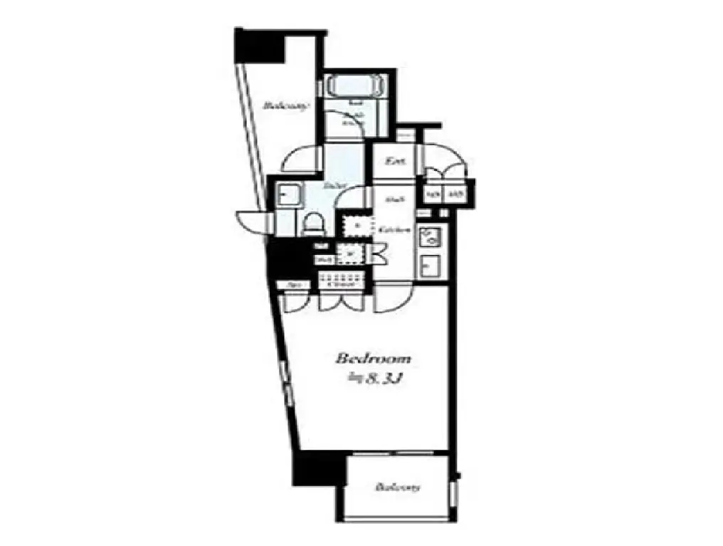 - 1LDKの間取り図、寝室、リビング、キッチン、バルコニーの配置が示されたレイアウト図