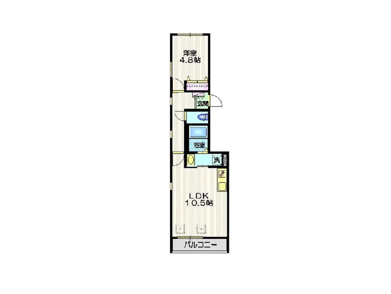 - 1LDKの間取り図、洋室4.8帖とリビング・ダイニングキッチン10.5帖、バルコニーの配置が示された設計図