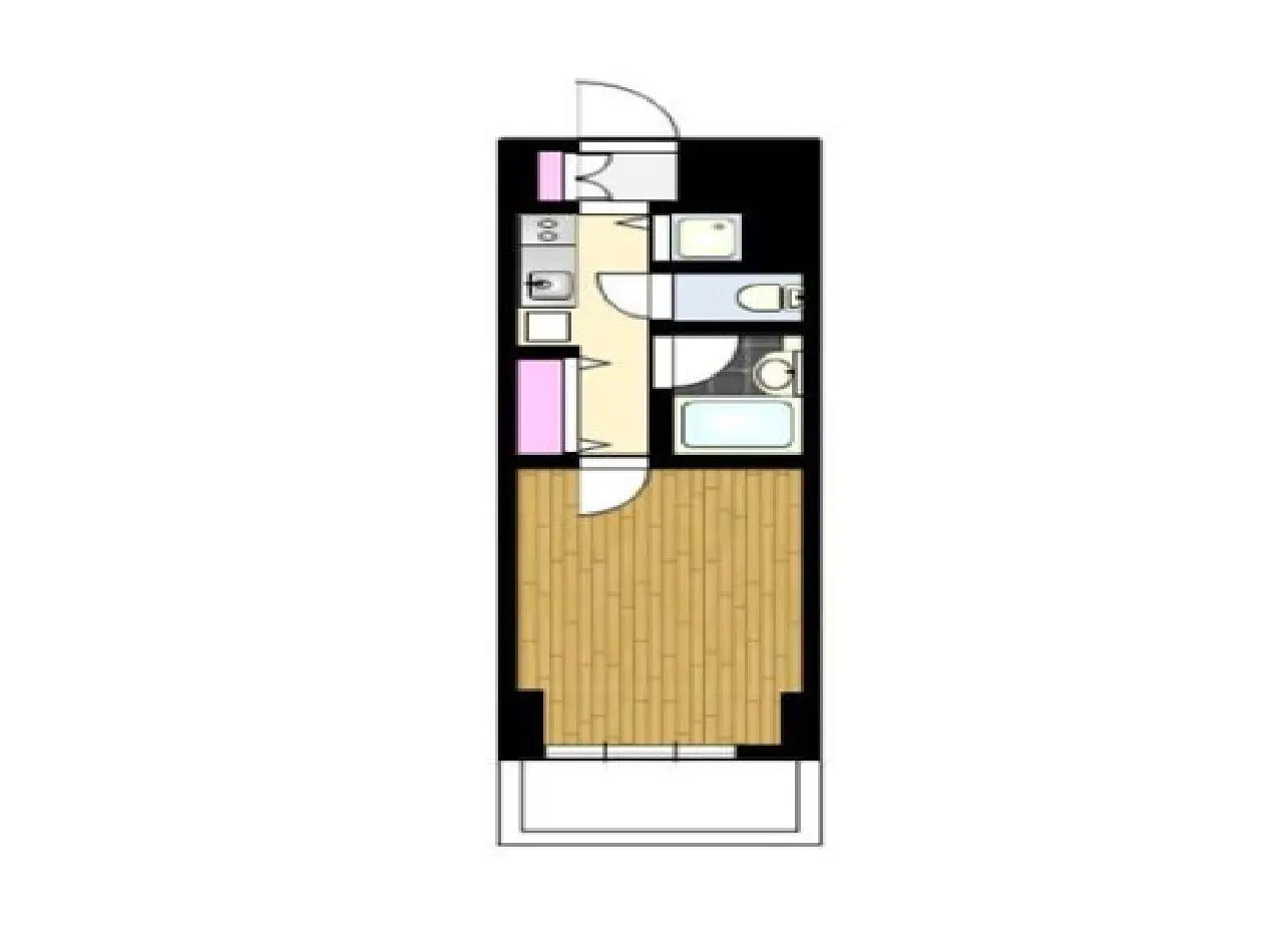 - 一人暮らし向けの賃貸物件の間取り図、リビング、キッチン、バスルーム、トイレを含むシンプルで効率的な配置