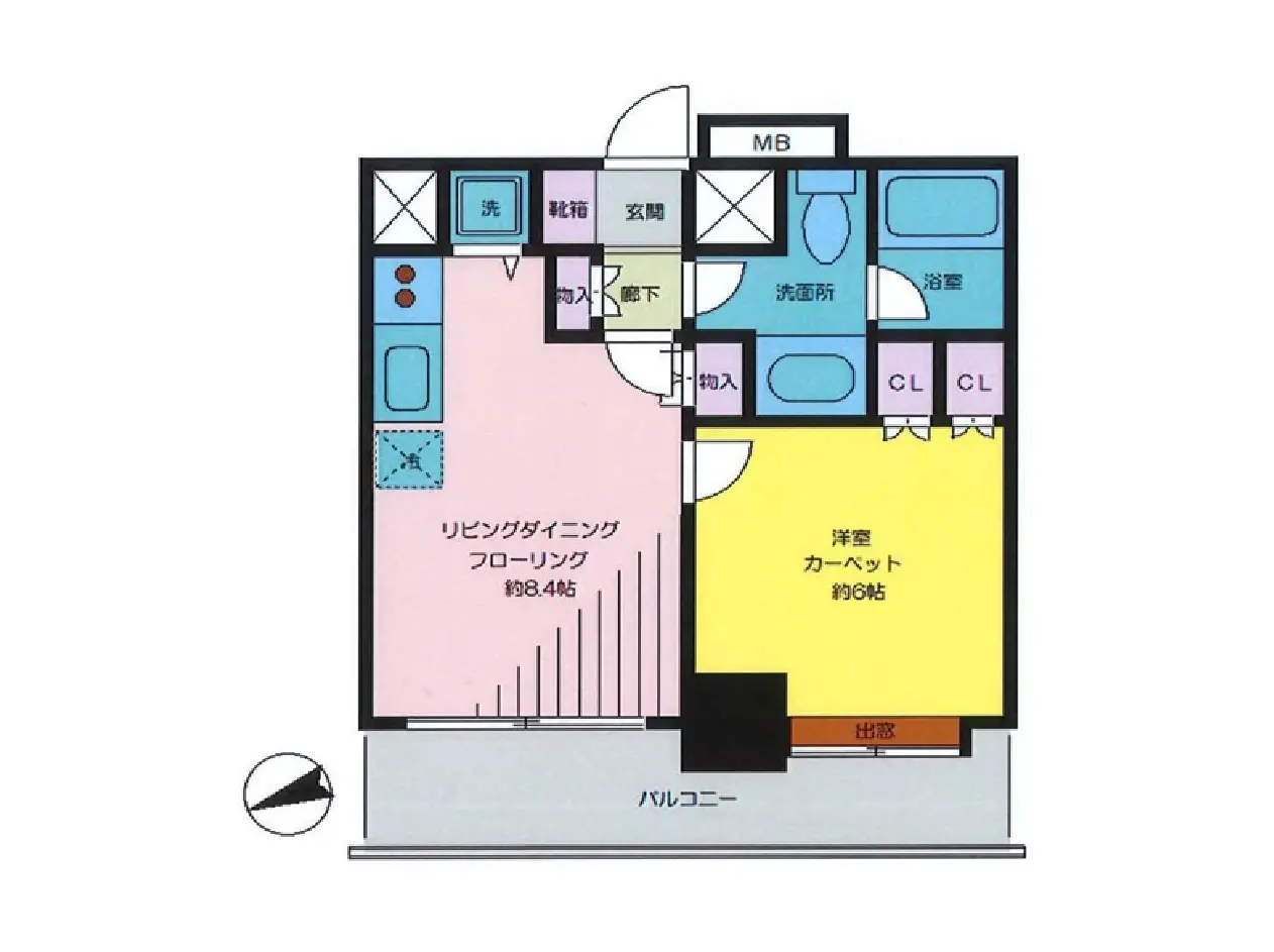 - リビングダイニング、洋室、洗面所、バルコニーを含む間取り図、各部屋の広さと配置が明記された設計図