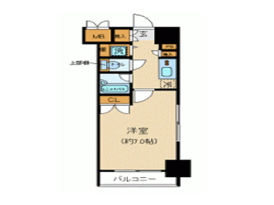 - 洋室、バルコニー、クローゼット、洗面所とトイレが配置された間取り図