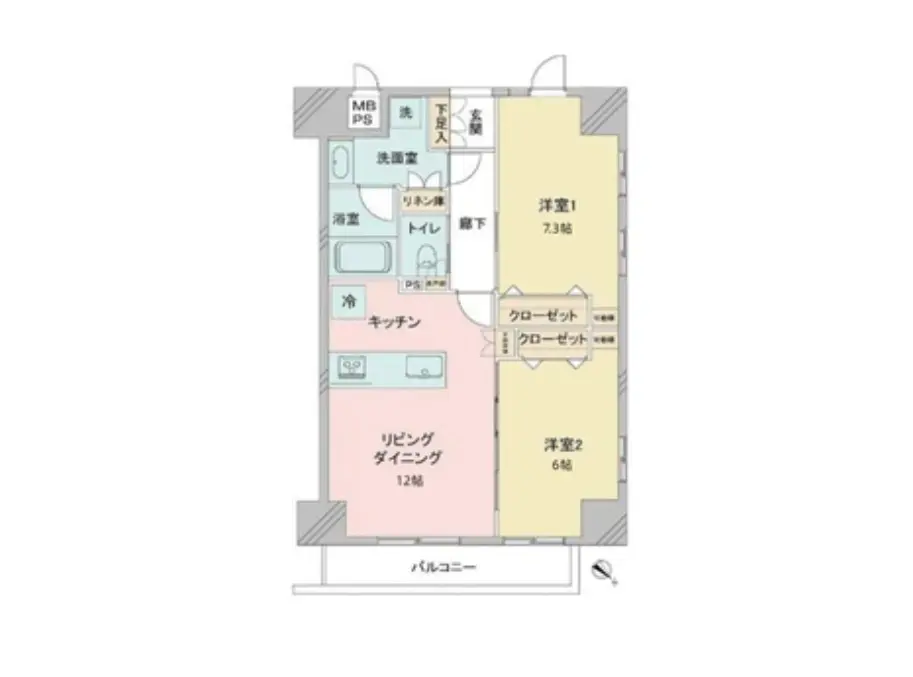 - 2LDKの間取り図、リビングダイニング12畳、洋室1（7.3畳）と洋室2（6畳）、キッチンとバルコニーを含むレイアウト