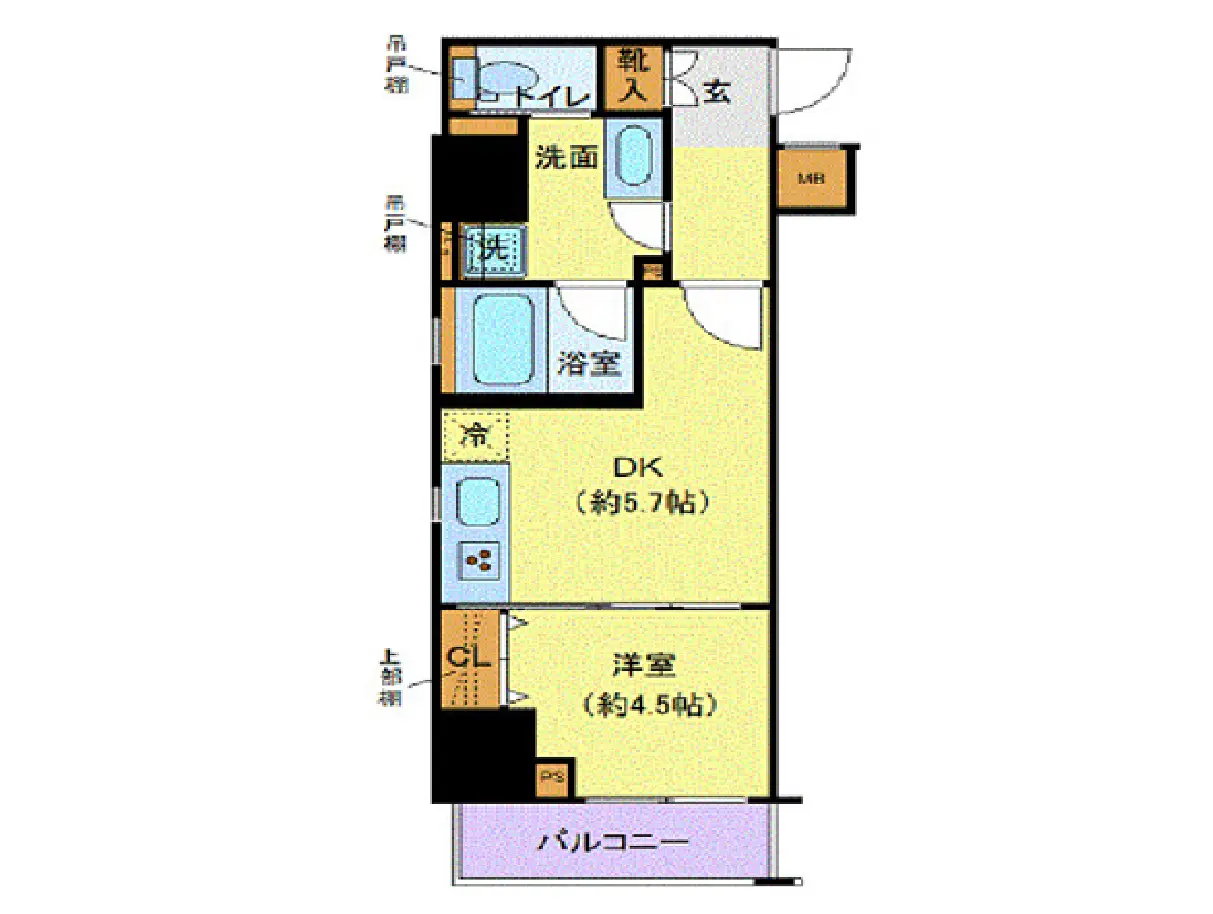 - 1LDKの間取り図、リビングダイニングキッチン（約5.7帖）、洋室（約4.5帖）、バルコニー、トイレ、洗面所、浴室、クローゼット付きのレイアウト