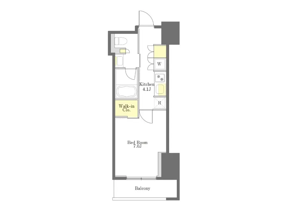 - 1LDKの間取り図、部屋にはウォークインクローゼット、キッチン、バルコニーが含まれる図面