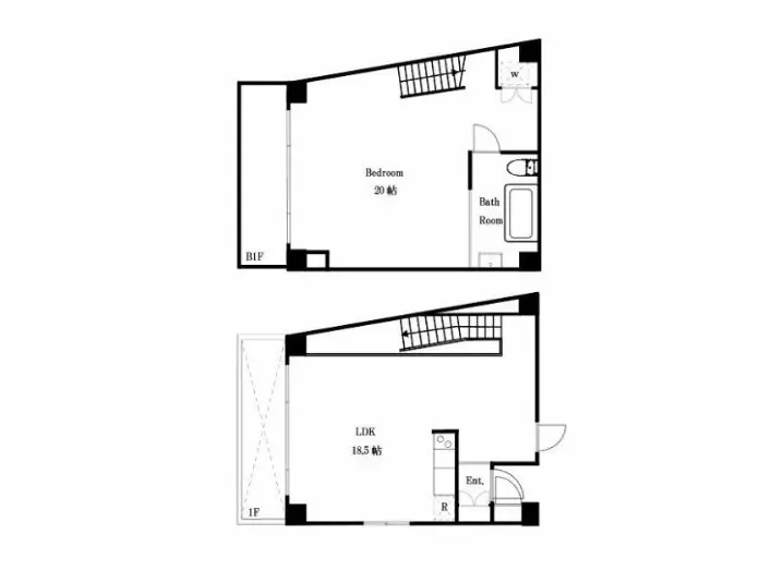 - 1階と2階の間取り図、2階に20帖の寝室とバスルーム、1階に18.5帖のLDKとエントランスのレイアウト