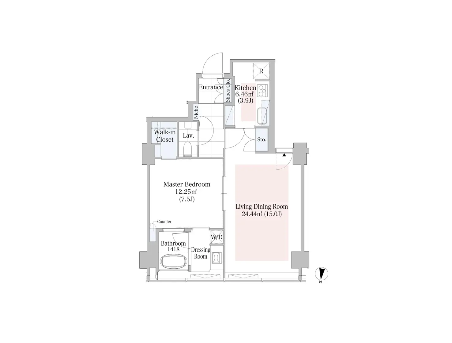 - 住宅の間取り図、リビングダイニングルーム、主寝室、ウォークインクローゼット、バスルーム、キッチンの詳細を含むレイアウト