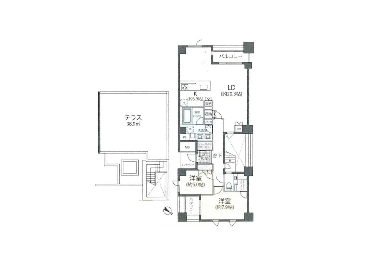 - 住居の間取り図、リビングダイニング、キッチン、バルコニー、テラスが描かれたデザイン図面
