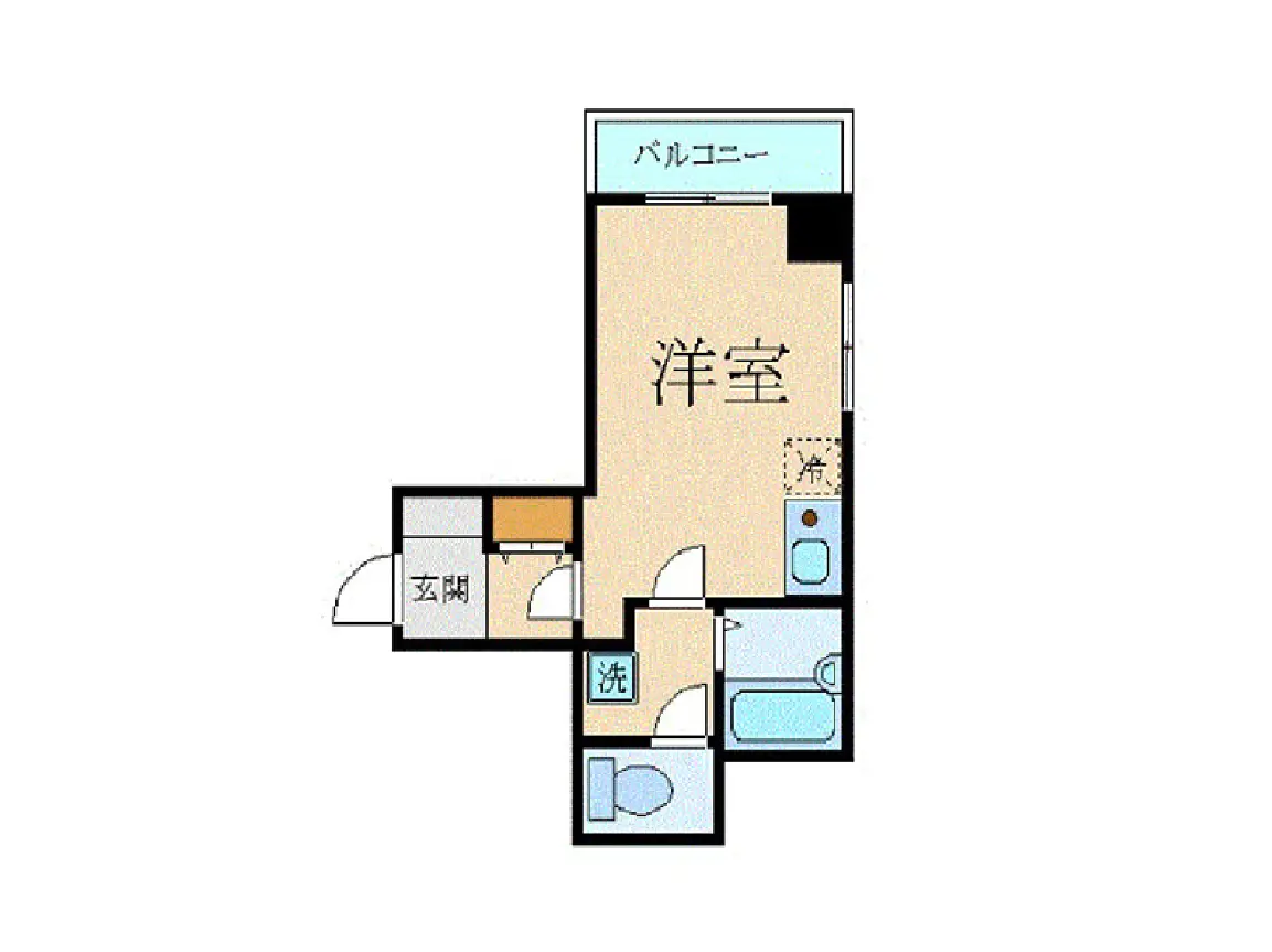 - 1LDKタイプの間取り図、洋室、バルコニー、洗面所とトイレの配置が示されています