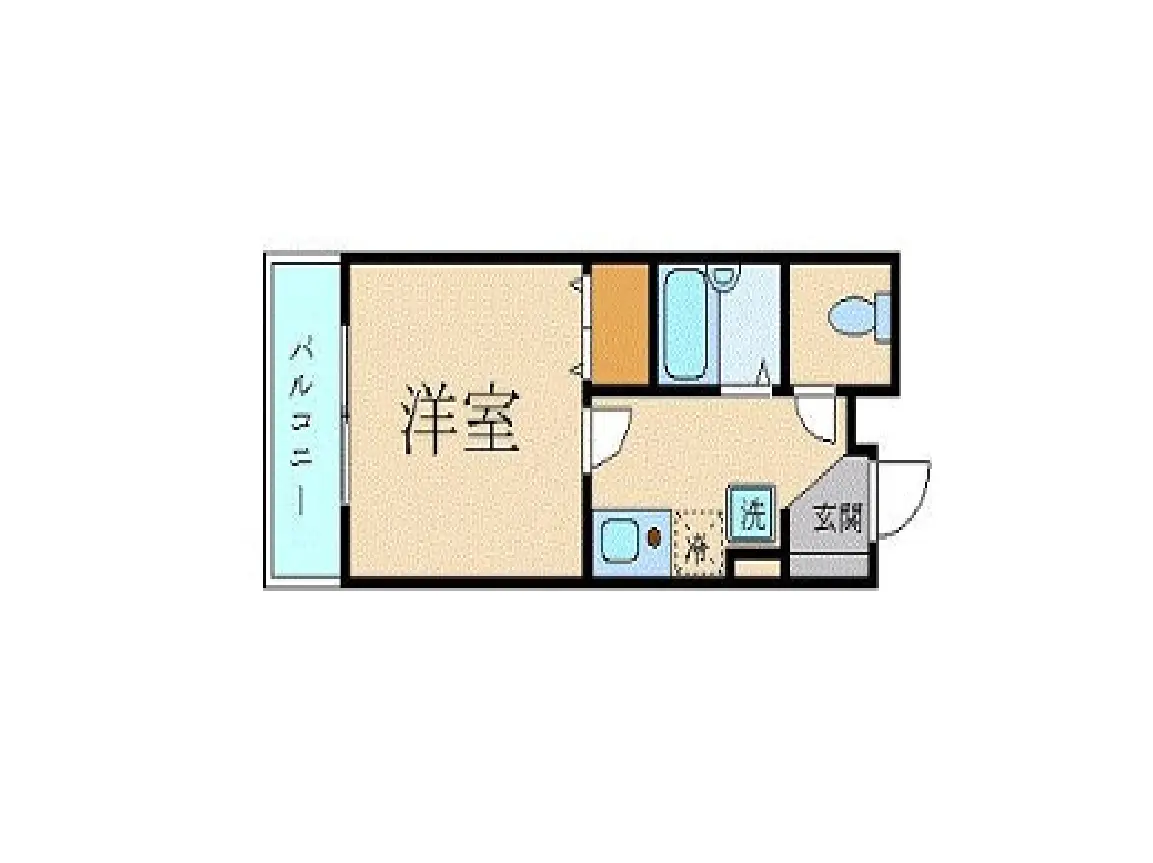 - 1Kタイプの間取り図、洋室、バルコニー、洗面所、浴室、玄関の配置を示す図面