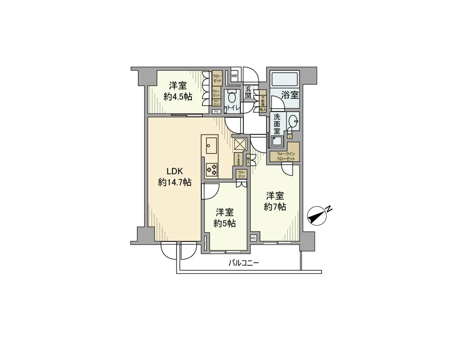 - 14.7帖のLDK、約4.5帖・5帖・7帖の洋室、浴室、洗面所、トイレ、バルコニーを含む間取り図