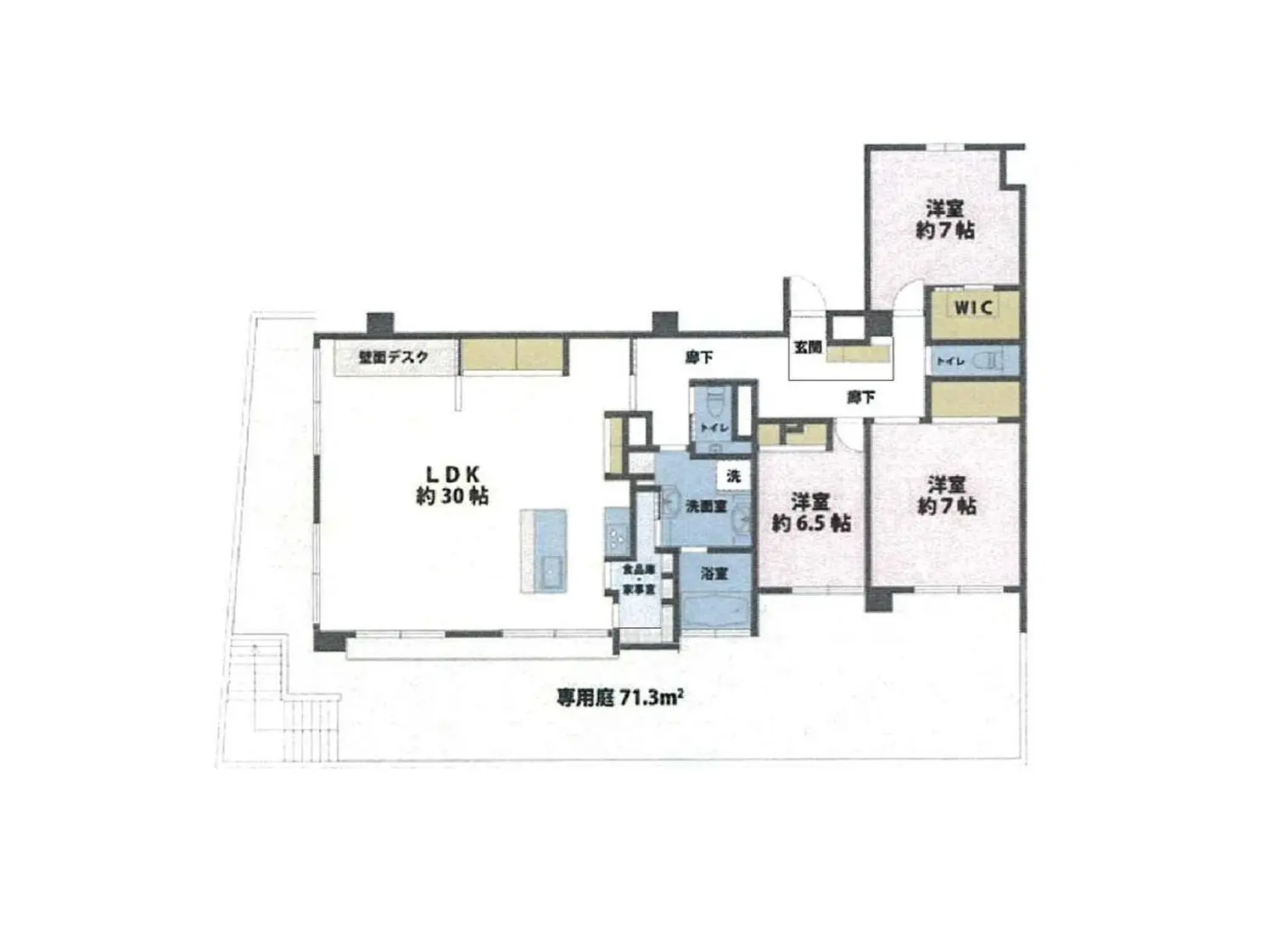 - 約71.3㎡の専用庭を持つ間取り図、リビングダイニングキッチン（LDK）約30帖と3つの洋室があるシンプルで機能的なレイアウト