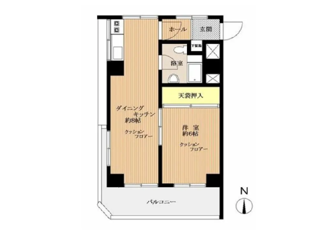 - 2LDKの間取り図、ダイニングキッチン約38帖、洋室約6帖、収納スペース付き、バルコニーの配置の詳細を示す平面図