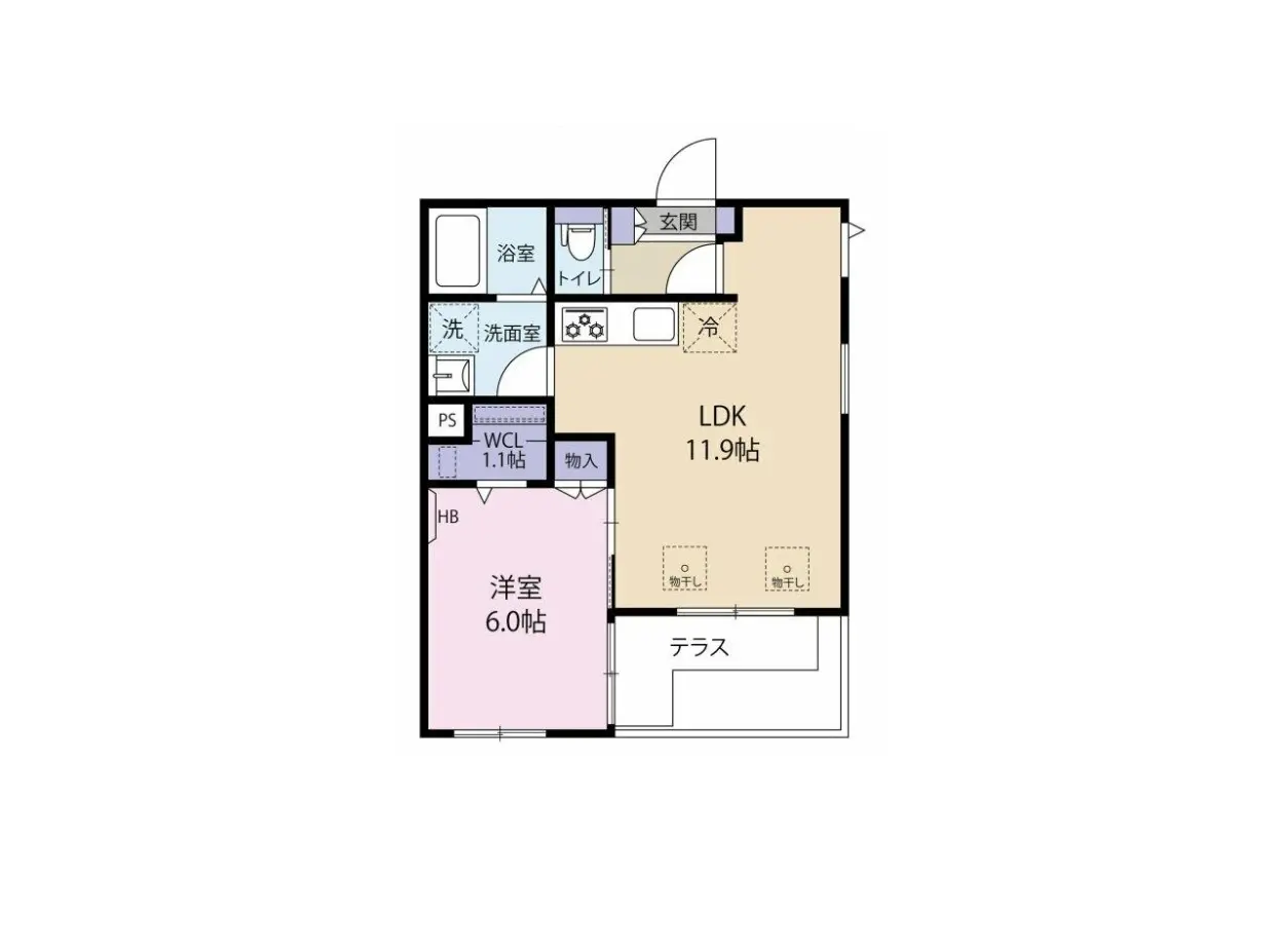 - 住宅の間取り図、LDK11.9帖、洋室6.0帖、浴室、トイレ、洗面室、収納スペースを含むデザイン