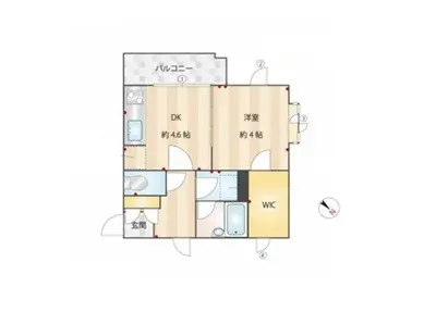 - 2LDKの間取り図、DK約4.6畳、洋室約4.6畳、WICとバルコニーを含む設計