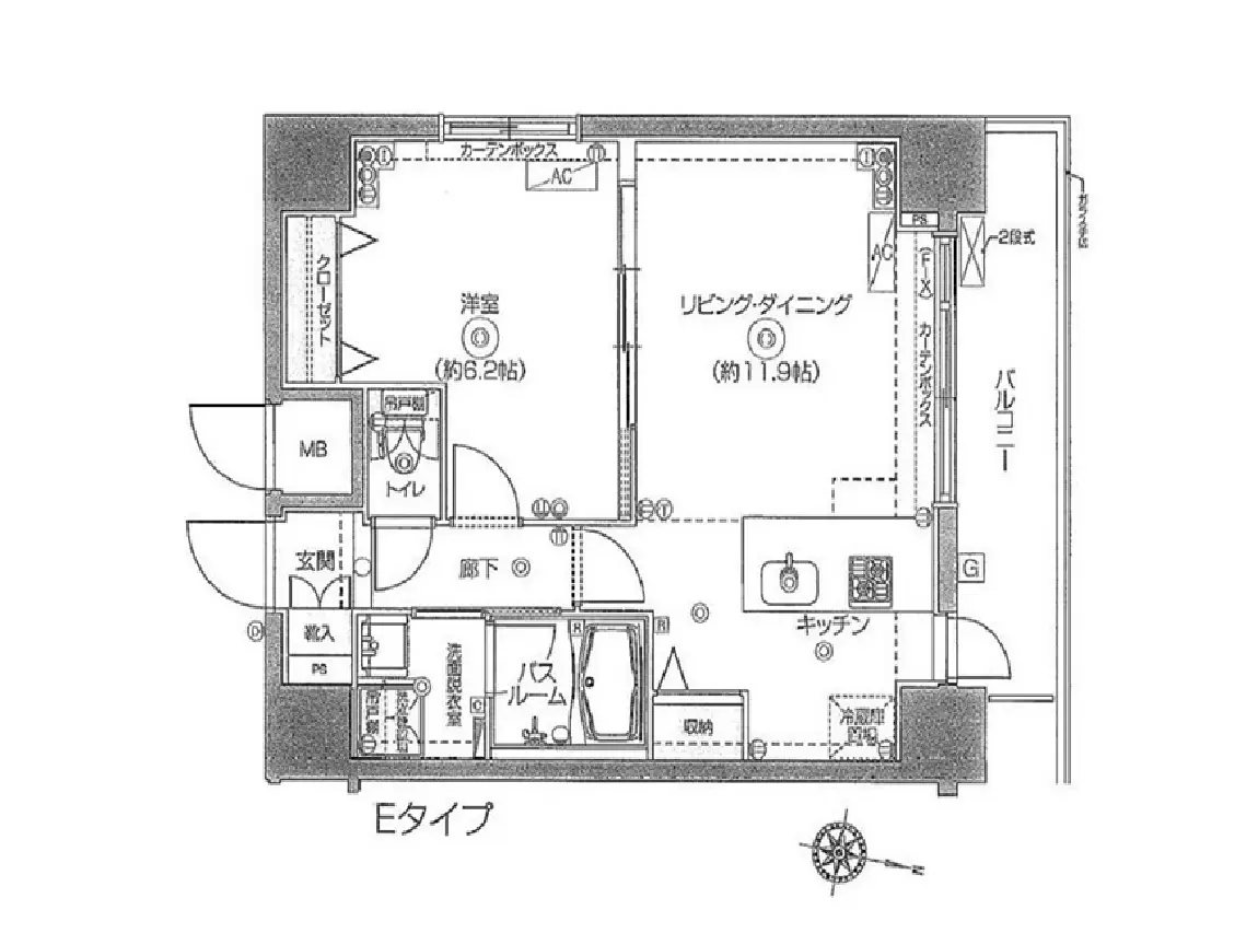 - Eタイプの間取り図、リビング・ダイニング、洋室、キッチン、バスルーム、トイレが配置されたレイアウト