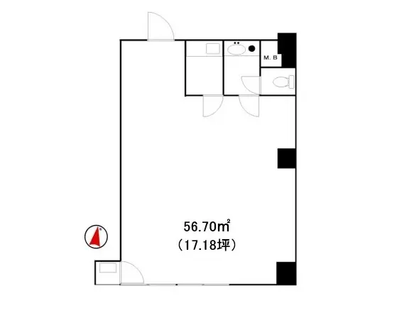 - 56.70㎡（17.18坪）の間取り図、バスルームとトイレを含むシンプルなレイアウト