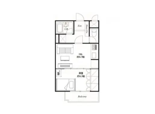- 1LDKの間取り図、リビングダイニングキッチン（DK）と寝室、バルコニーを含む配置図