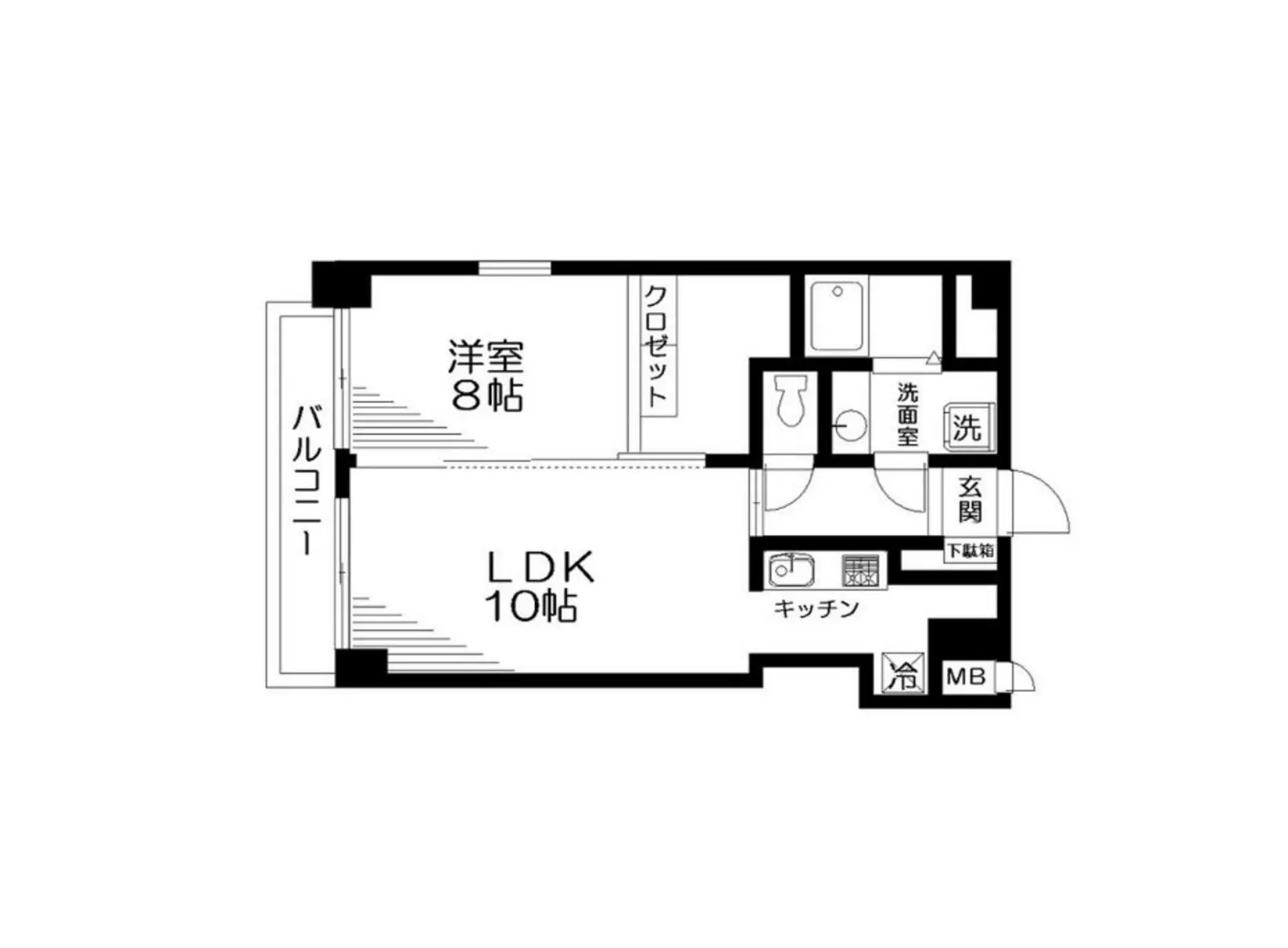 - 1LDKの間取り図、洋室8帖とリビングダイニング10帖、キッチン、洗面室、トイレ、バルコニーが配置された設計図