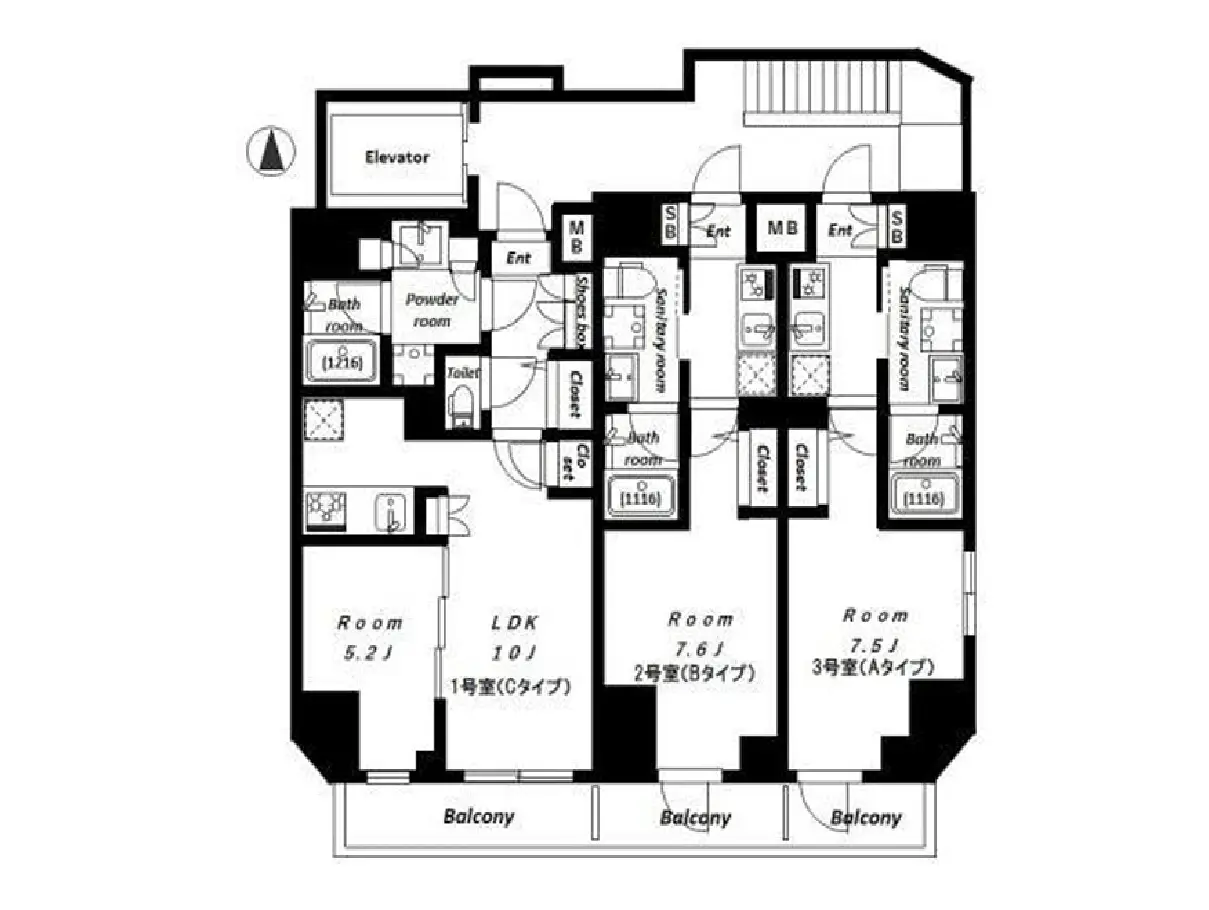 - 3つの寝室と広々としたリビングダイニングキッチンを備えた間取り図、バルコニー付きのモダンな住宅プラン