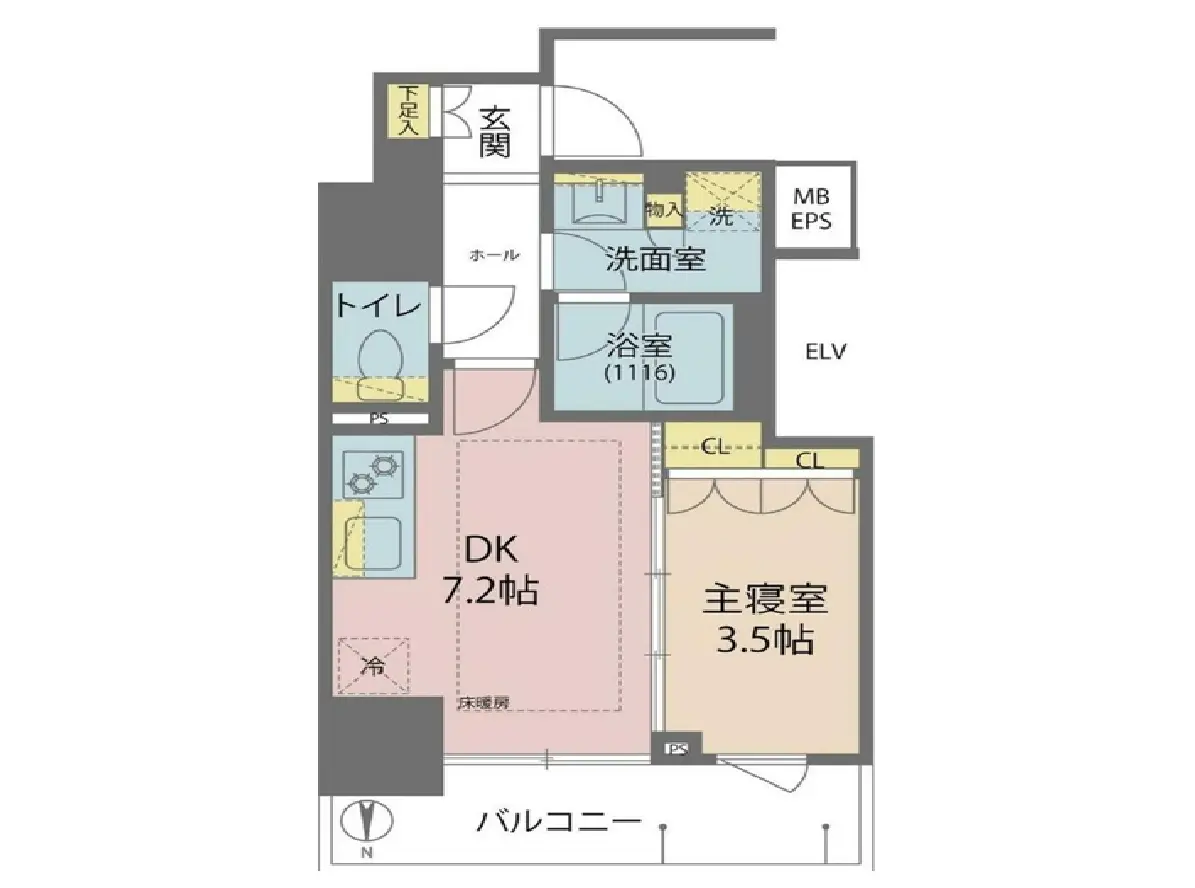 - 1LDKの間取り図、DK7.2帖、主寝室3.5帖、トイレ、洗面室、浴室、バルコニーの配置を示す詳細なレイアウト図
