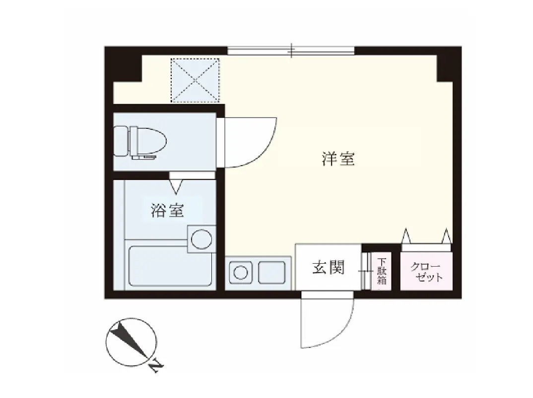- 洋室、浴室、玄関を含む間取り図、クローゼットと下駄箱の配置が示されているデザイン