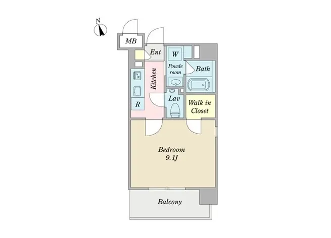 - 1LDKの間取り図、キッチン、バスルーム、ウォークインクローゼットを含む、広々とした寝室とバルコニーにアクセス可能なデザイン