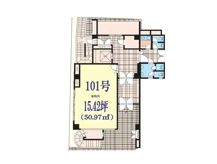 - 事務所の間取り図、部屋番号101号、面積15.42坪（50.97㎡）のレイアウト図