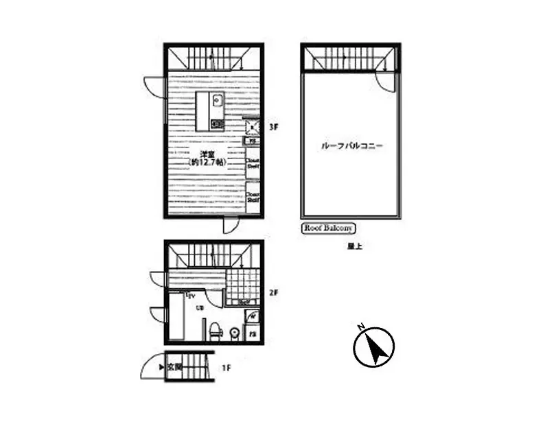- 3階建て住宅の間取り図、各階の部屋配置やルーフバルコニーの位置を示す図面