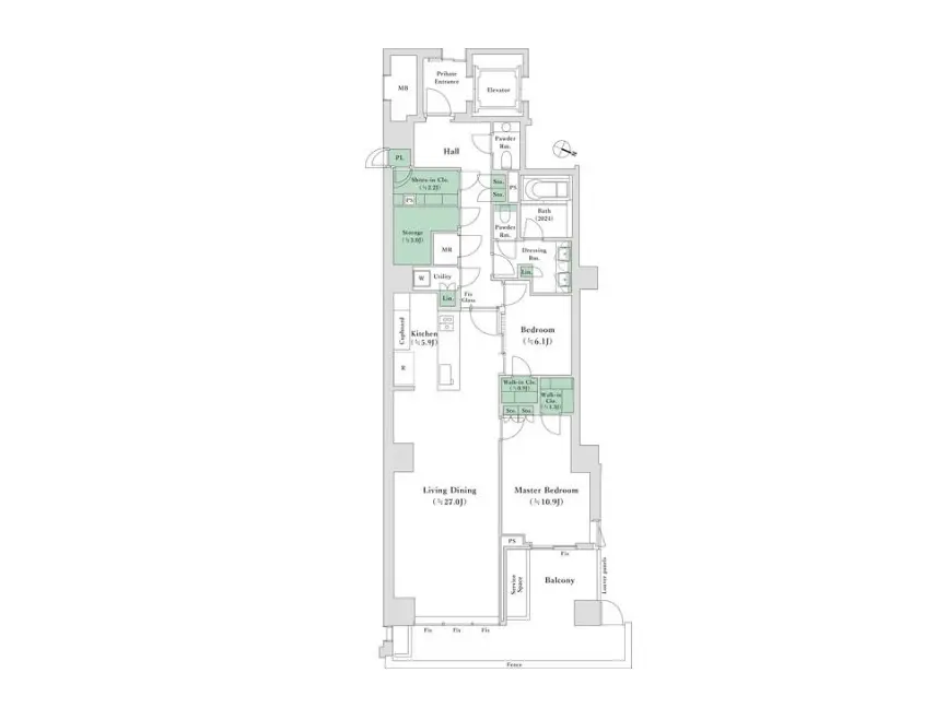 - 住居の間取り図、リビングダイニング、マスターベッドルーム、バルコニーの配置が示された詳細なレイアウト