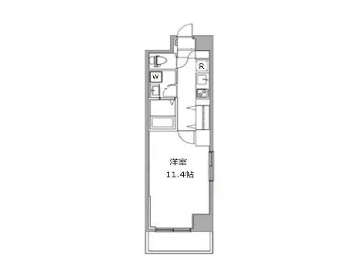 - 11.4帖の洋室とキッチン、トイレが配置された間取り図、シンプルで使いやすい設計