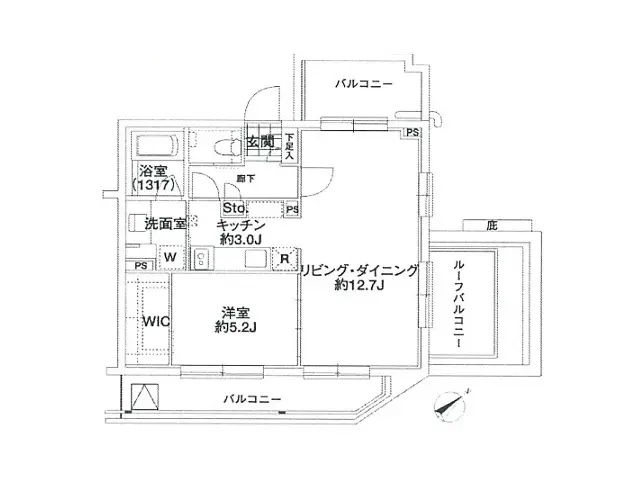 - 1LDKの間取り図、リビング・ダイニング約12.7畳、キッチン約3.0畳、洋室約5.2畳、バルコニーと収納スペースを含むデザイン