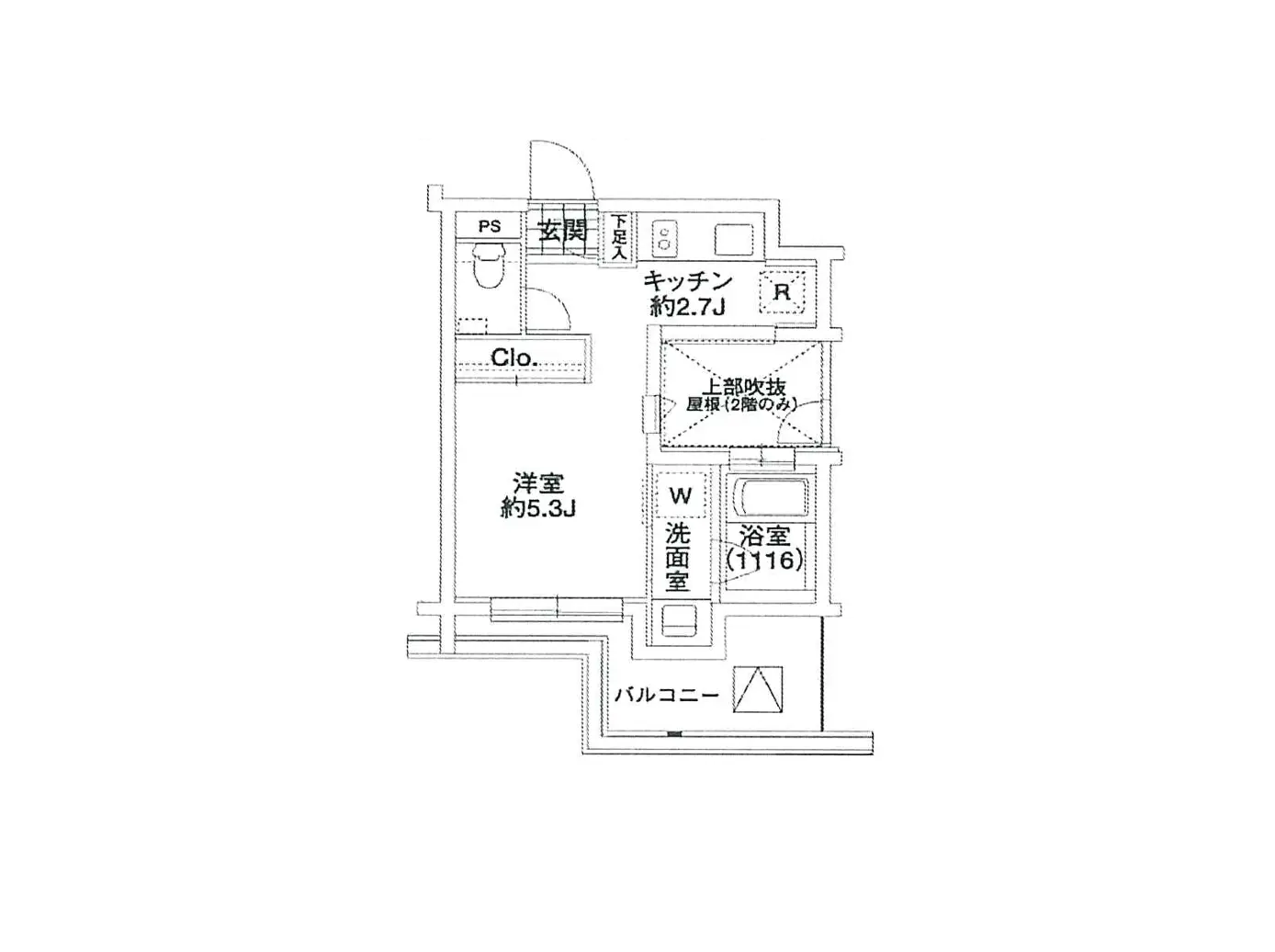 - 機能的な間取りの住宅図面、洋室やキッチン、洗面室、浴室、バルコニーを含む配置の詳細な間取り図