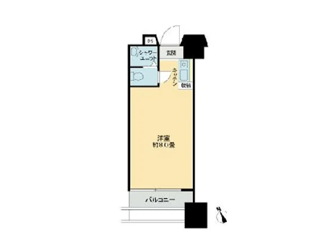 - 1Kタイプのマンション間取り図、広さ約10帖の洋室、バルコニー付き、浴室とトイレが独立したレイアウト