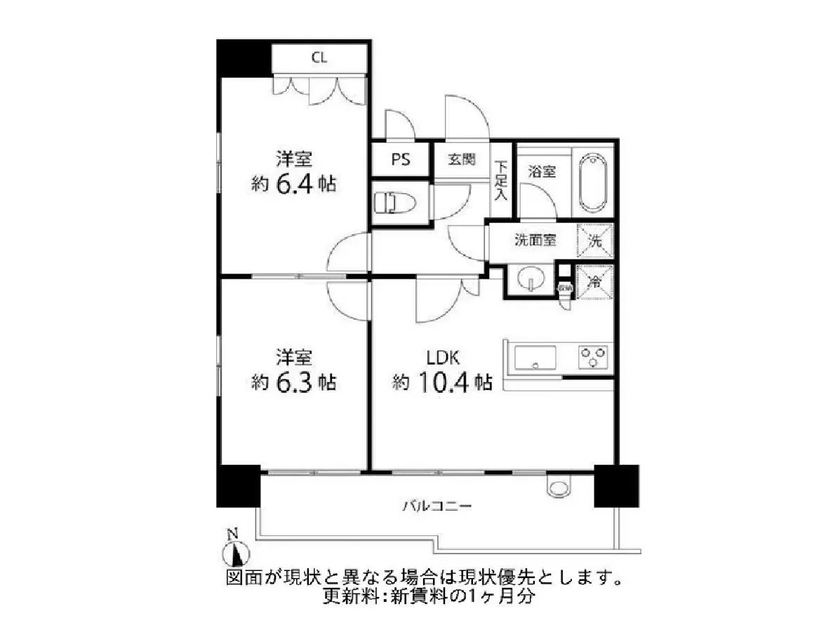 - 3LDKの間取り図、洋室2部屋、リビングダイニングキッチン約10.4帖、洗面室と浴室を含む詳細なレイアウト