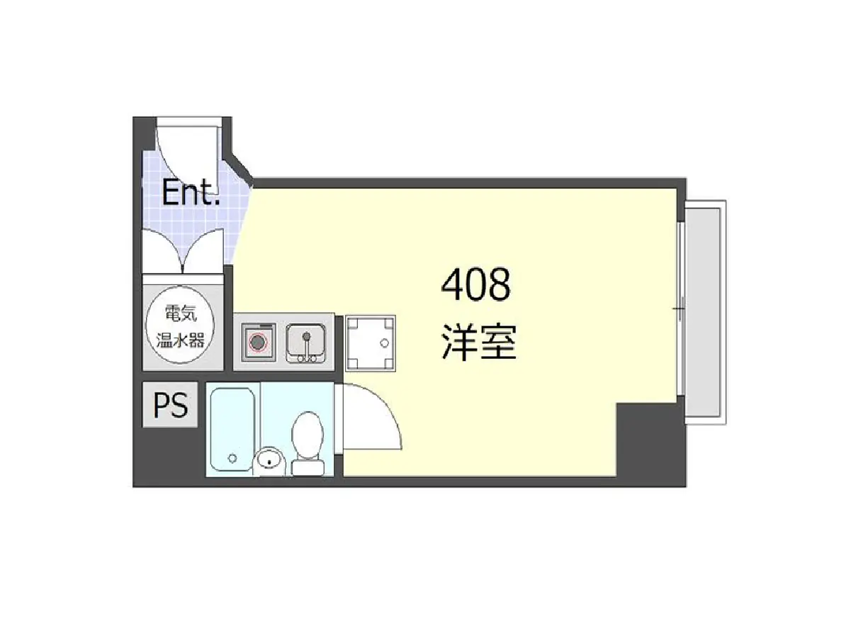- 408号室の洋室間取り図、エントランス、浴室、トイレ、洗面所、電気・温水器の配置を示すシンプルなレイアウト