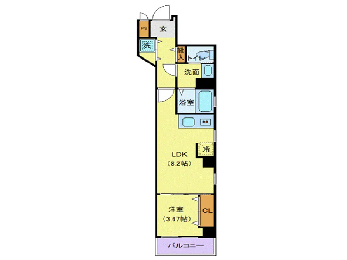 - 突出した玄関と洗面、LDK（8.2帖）と洋室（3.67帖）、バルコニーを含むマンションの間取り図