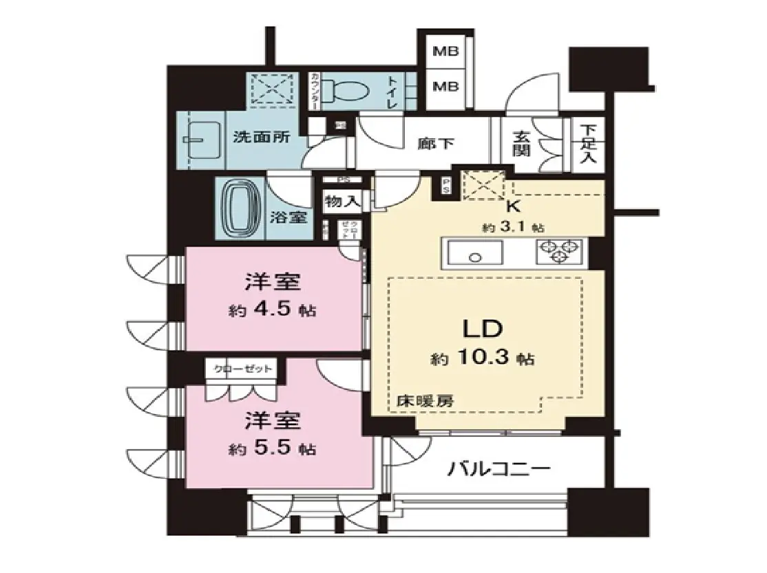 - 2LDKの間取り図、洋室約4.5帖と約5.5帖、リビングダイニング約10.3帖、洗面所とバルコニーが配置されたフロアプラン