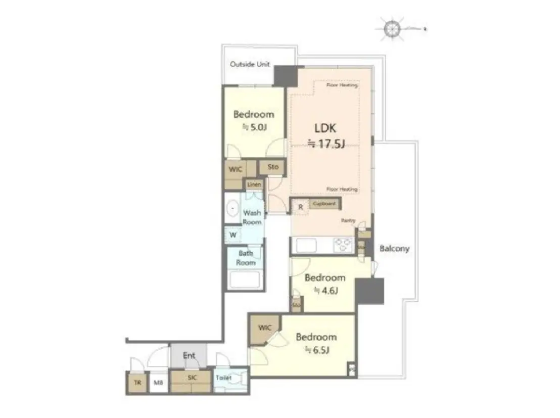 - 5部屋の間取り図、リビングダイニングキッチン(17.5畳)と3つの寝室、バルコニーを含む住宅設計のレイアウト